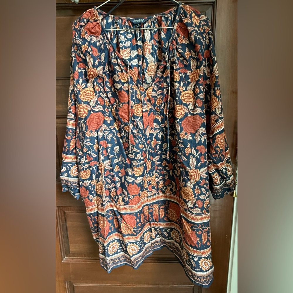 Lucky Brand Plus Floral Boho Top - Blue and Orange